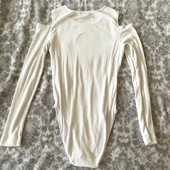 1. STATE Cutout Open Shoulder White Ribbed Bodysuit - Picture 3 of 5